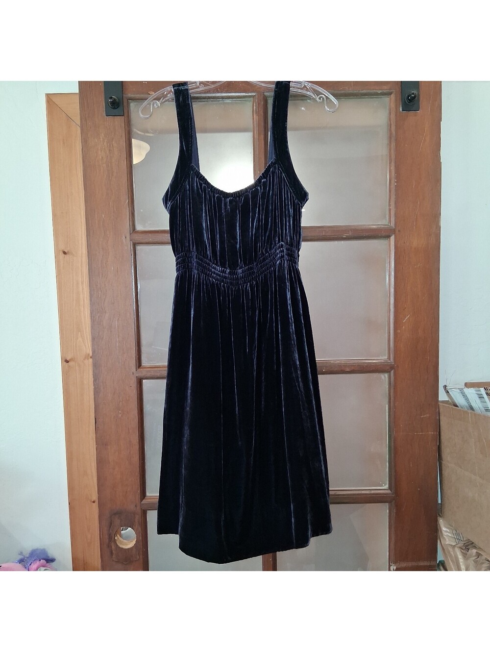 Odille Anthropologie Navy Blue Silk Velvet Midi Dress Size 8 Smocked Waist Goth
